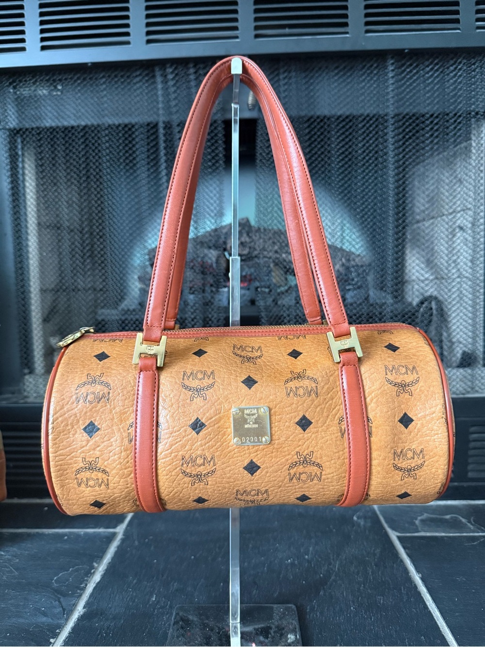 MCM Cognac Visetos Barrel Bag with Rust Leather Handles